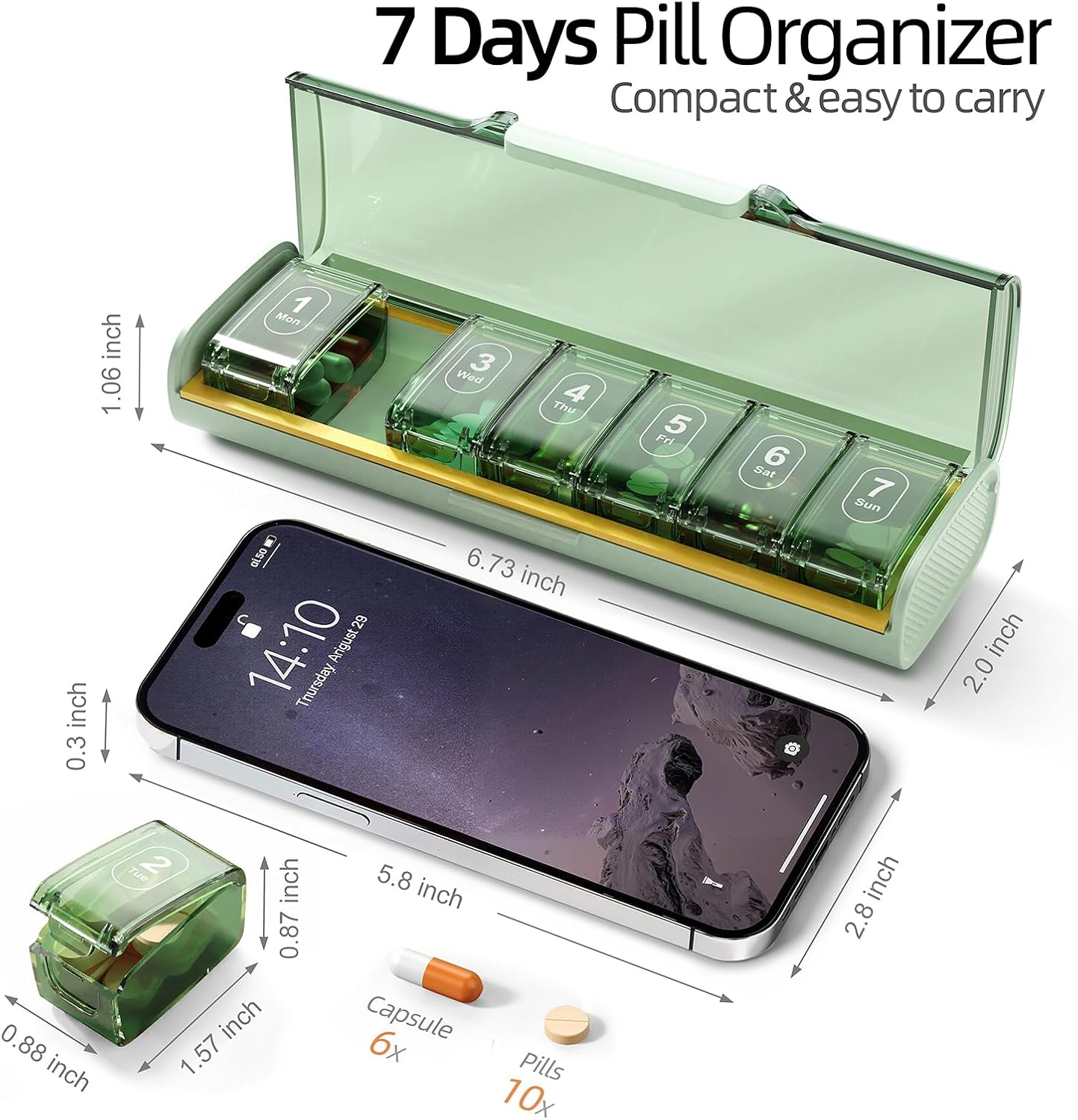 Weekly Pill Organizer,Portable 7 Day Pill Box,Moisture Proof Medicine Pill Organizer,Travel Pill Case with BPA-Free Material,Pocket-Size for Supplements & Vitamins (Green)