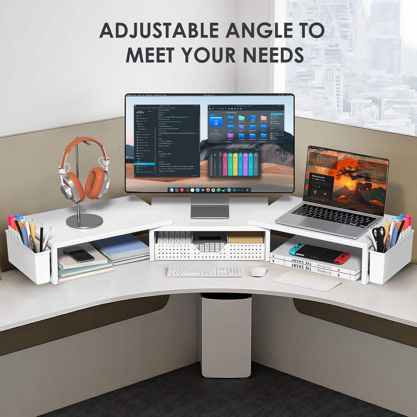 OPNICE White Dual Monitor Stand Riser, Metal Desk Organizers and Accessories with Drawer and 2 Pen Holders, Computer Monitor Stand for Desk