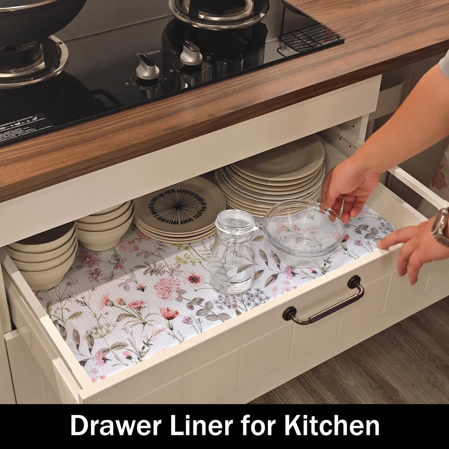 Leaf Floral Shelf Liners Non Adhesive and Strong Non-Slip Shelf and Drawer Liners for Kitchen Cabinet Wire Fridge, Waterproof Shelf Drawer Liner,Easy to Clean,12IN x 10FT