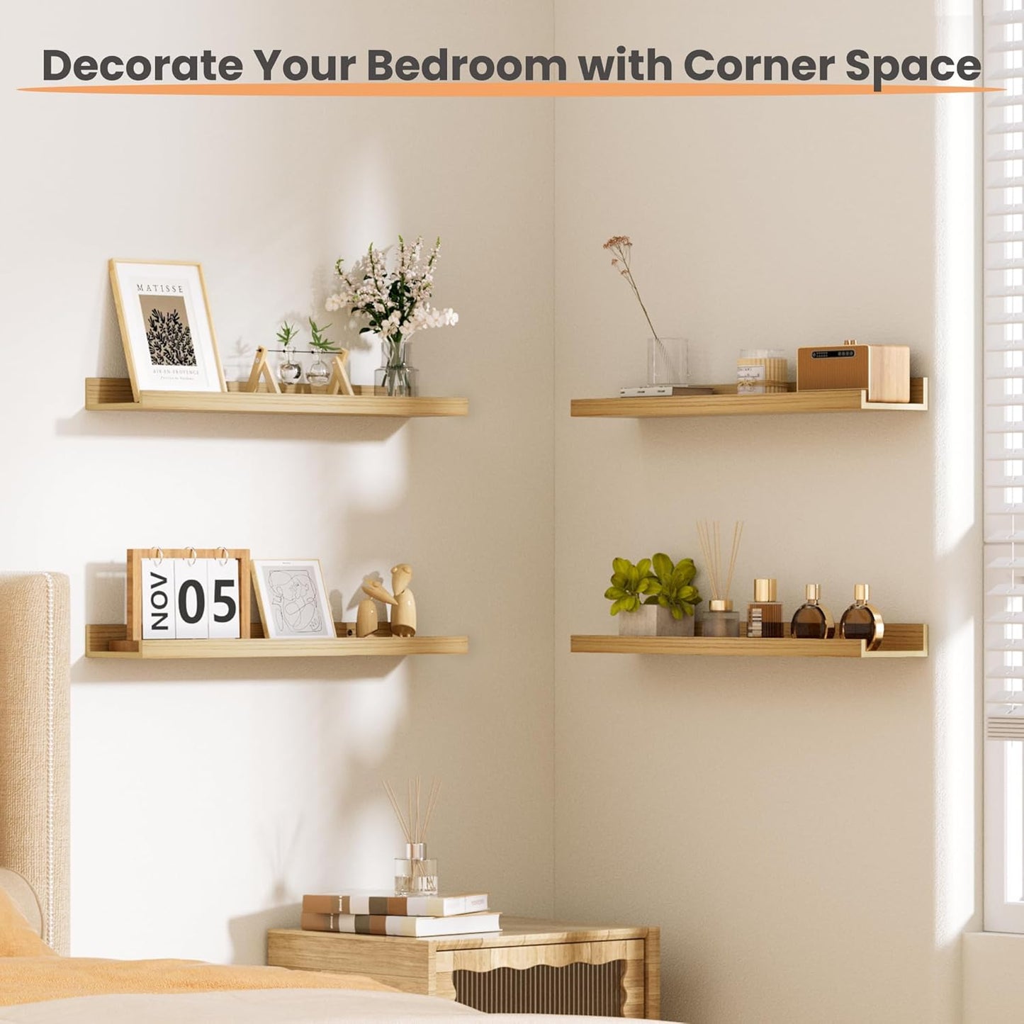 upsimples Floating Shelves for Wall, 23.6 Inch Shelves for Decor Storage Set of 6, Wall Mounted Wood Shelf for Bedroom, Living Room, Bathroom, Kitchen, Long Picture Ledge Shelves, Natural