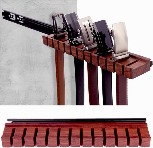 12 Belts Walnut Wood Belt Holder with Slide, Left or Right Slide Flexible Install Belt-Rack, Belt Hanger for Closet, Space Saving Belts Storage Organizer, Gift for Men