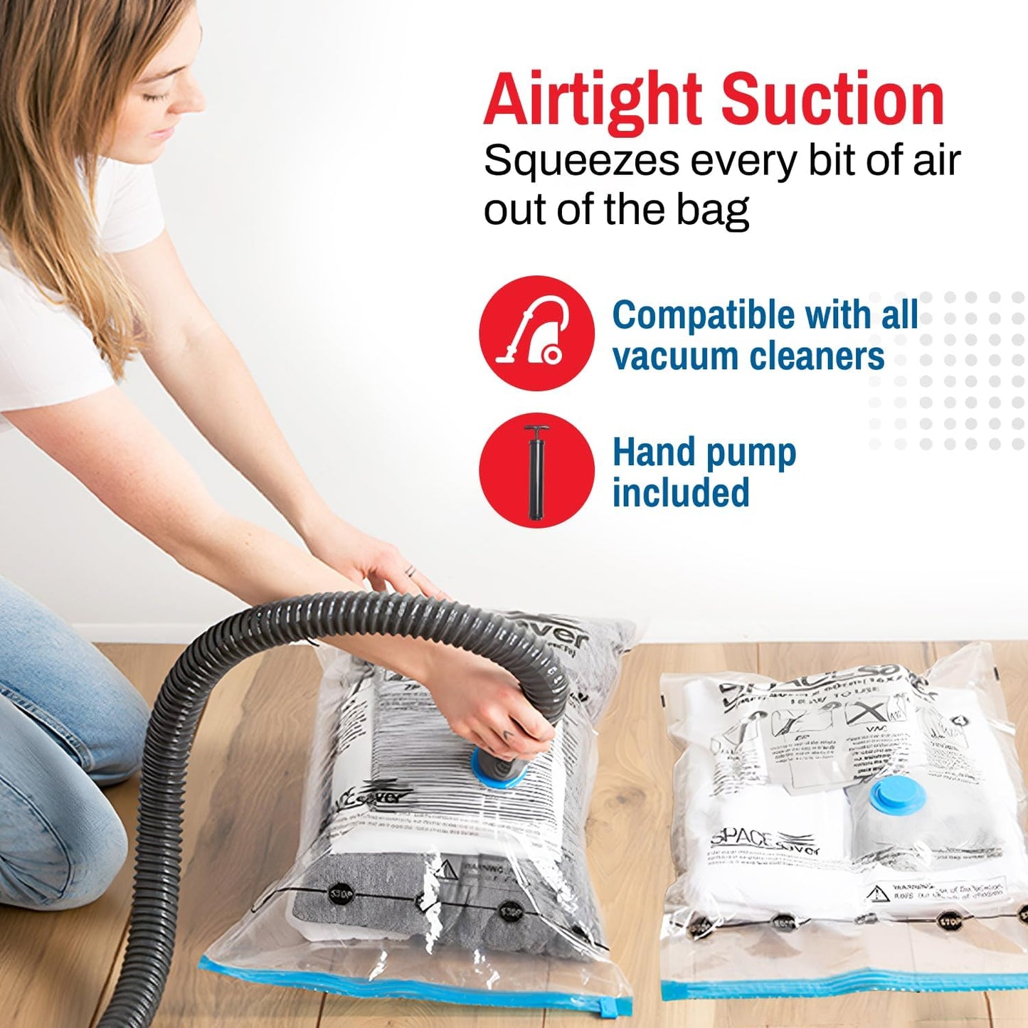 Spacesaver 4 Pack Large Vacuum Storage Bags for Comforters, Blankets & Clothes – Vacuum Sealed Compression Bags with Hand Pump – Space Saver Storage Bags for Bedding, Moving, Travel & Organization