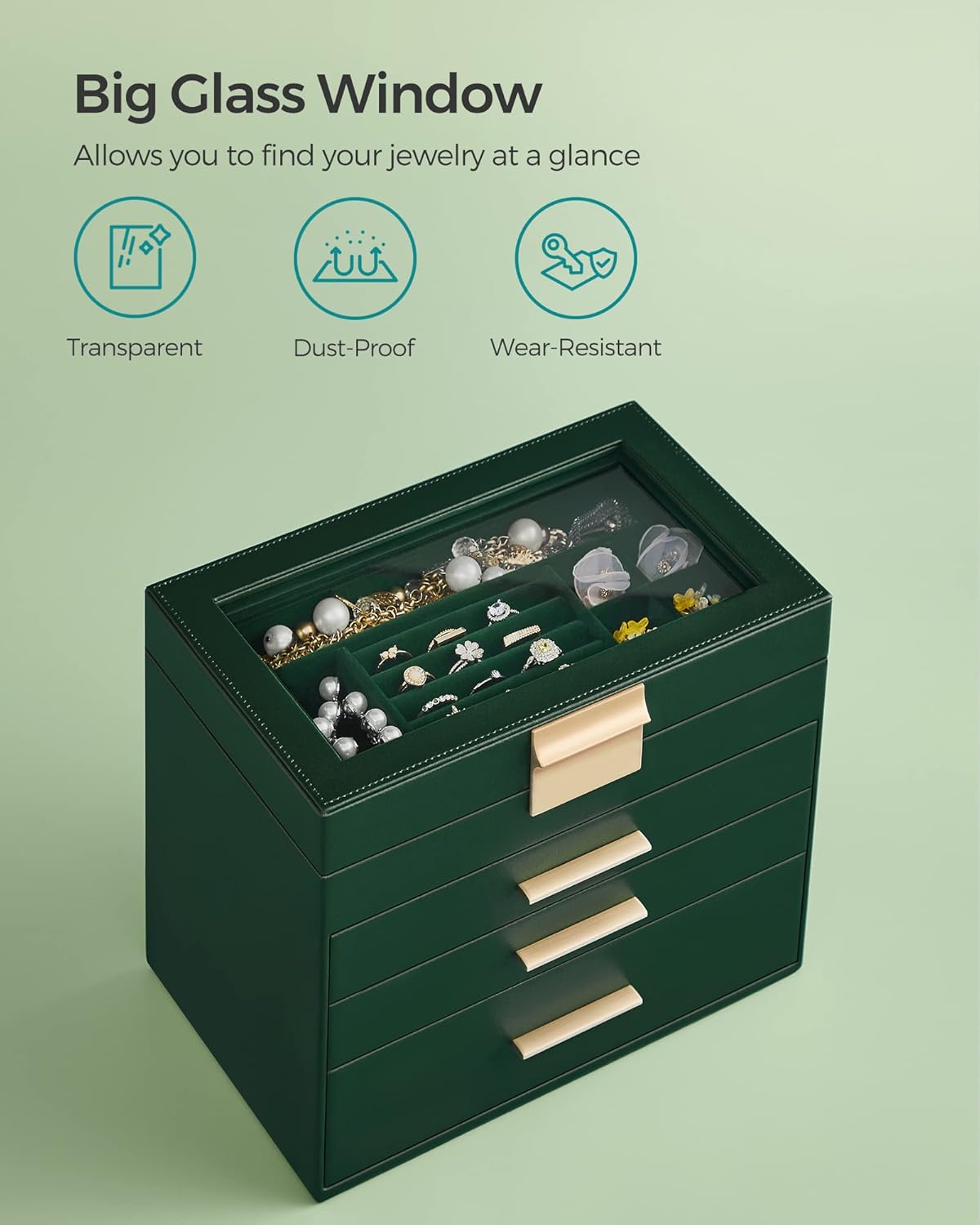 SONGMICS Jewelry Box Organizer with Glass Lid, 4-Layer Jewelry Storage, with 3 Drawers, Modern Style, Christmas Gift, 6 x 9.9 x 8.5 Inches, Forest Green and Gold Color UJBC161G01