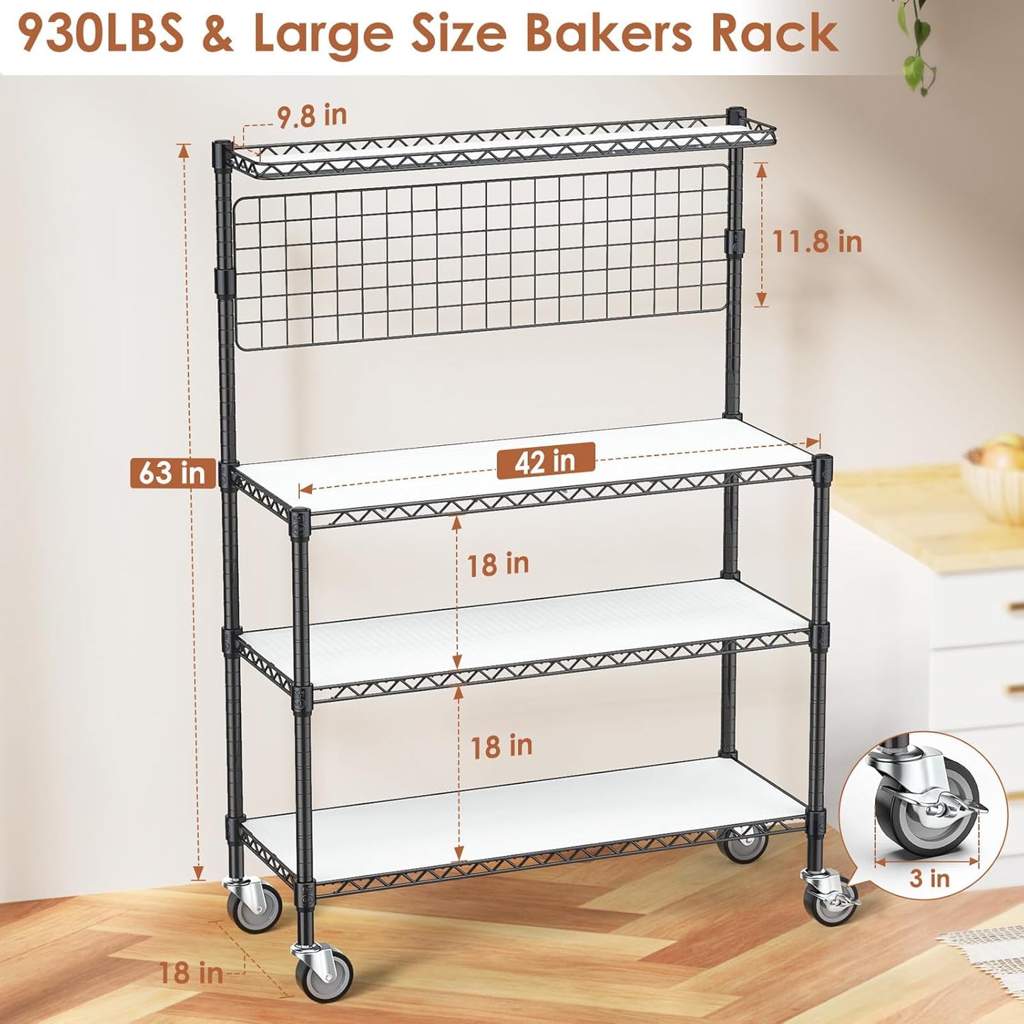 Leteuke Bakers Rack with Storage & Wheels, 42 Inch Microwave Stand Kitchen Shelves, 4-Tier Heavy Duty Storage Rack with 20 S-Hooks, Commercial Metal Utility Kitchen Cart, 42× 18× 63 Inch, Black