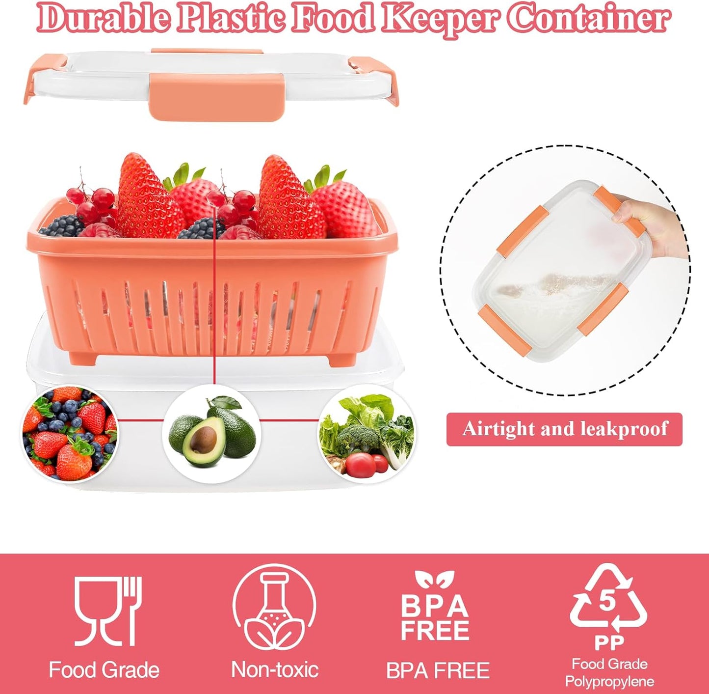 68oz Berry Keeper Fruit Storage Container for Fridge, Fresh Food Produce Saver Containers with Removable Drain Colanders, Vegetable Lettuce Keeper Bowl, Refrigerator Organizer, PRESS TO OPEN CLOSE LID