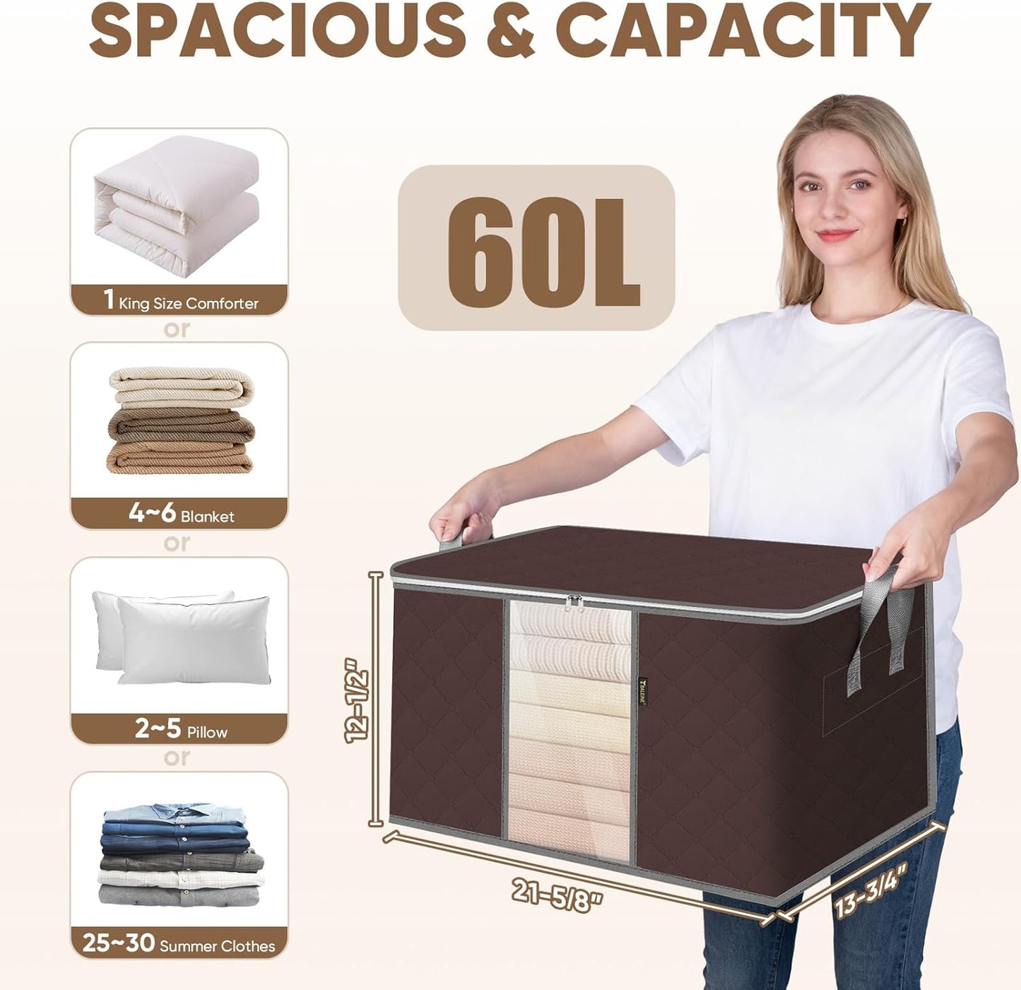 BALEINE 8 Pack Clothes Storage Bags, 16 Gallon Storage Containers with Reinforced Handle, Sturdy Zipper, Closet Organizer for Blanket, Comforter, Pillow, Bedding (Brown, 8 Pack)