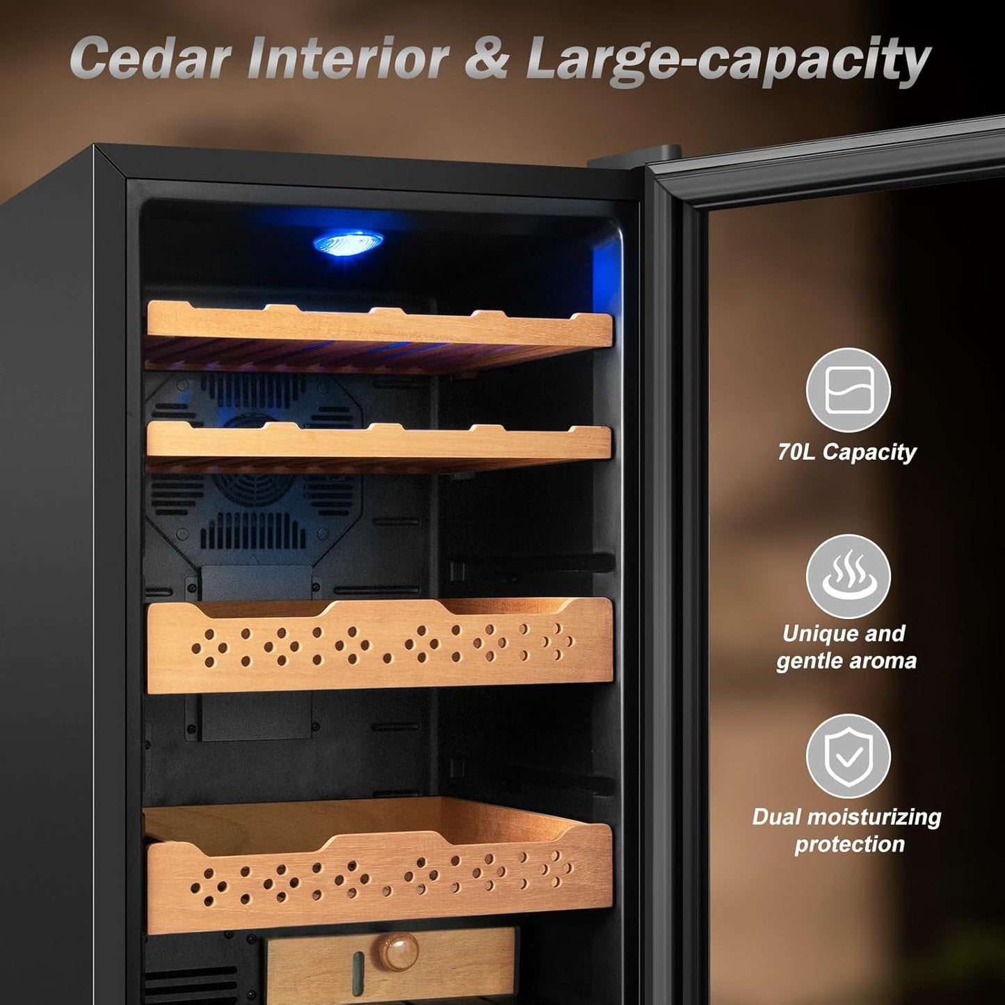 Electric Humidor-70L Cooling & Heating Humidor, Smart Touch Control Humidity & Temp, Humidors wtih Spanish Cedar Wood Tray, Digital Display, Safety Lock, Desktop Gift for Men