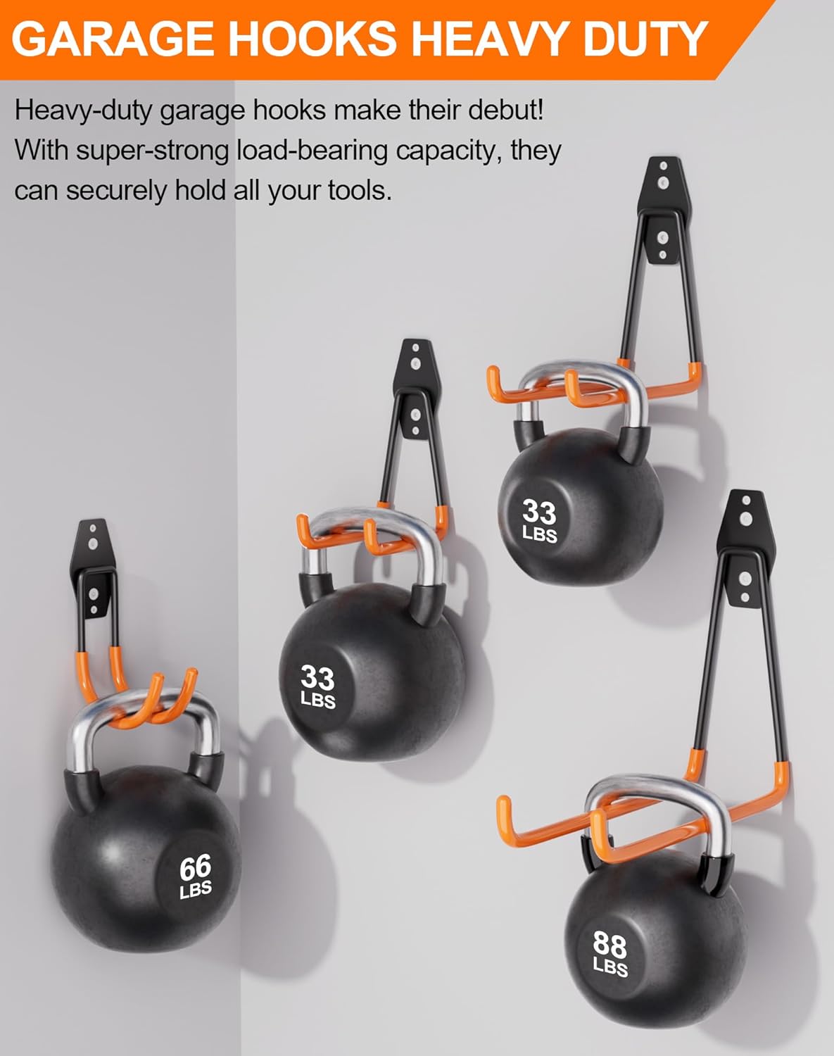 QcoQce 12 Pack Garage Hooks Heavy Duty, Utility Wall Mount Hooks for Hanging Bike, Ladder, Hose, with Extension Cord Straps and Anti-Slip Coating, Garage Organization, Includes Screws (Orange)