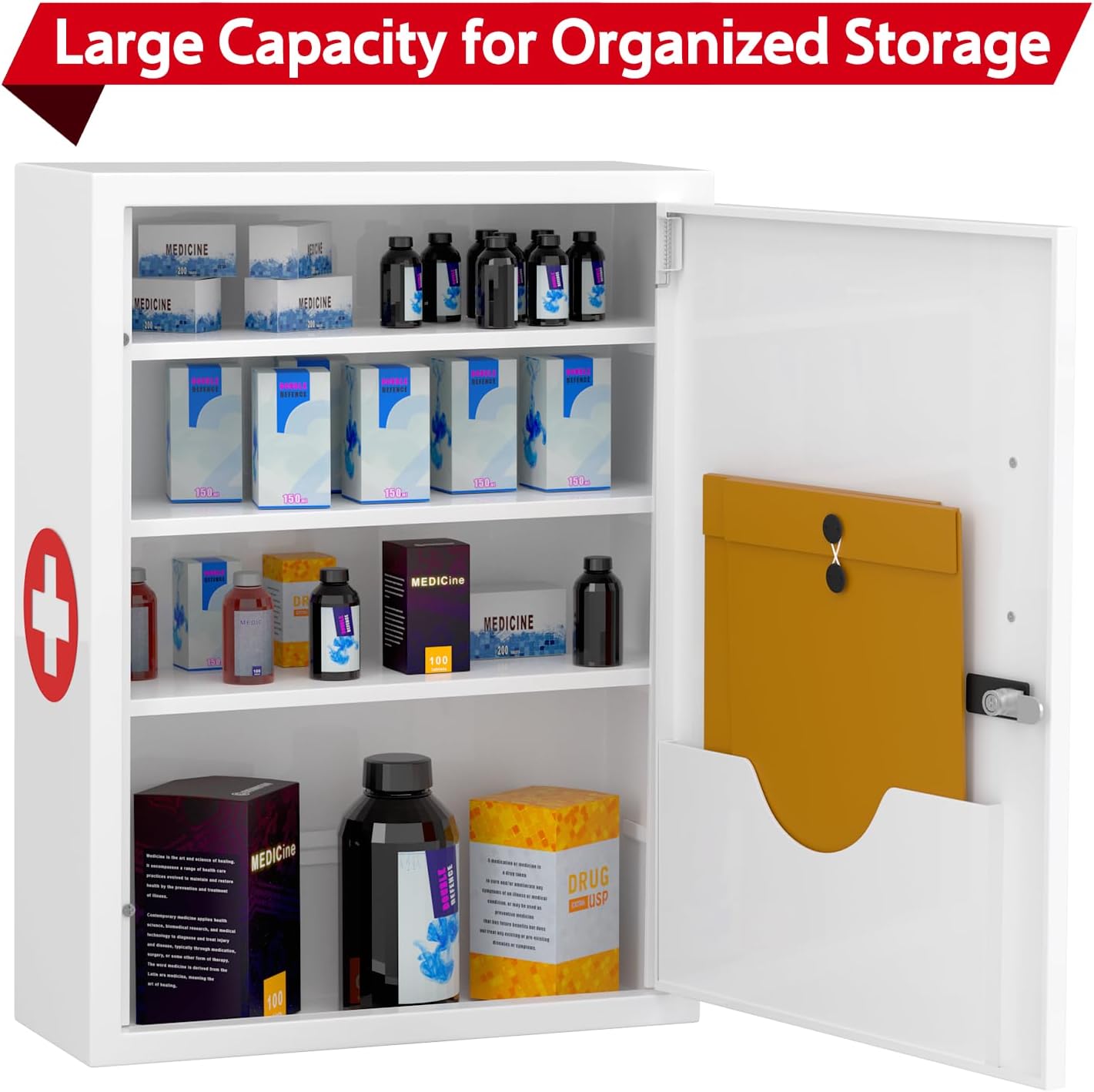 Wall-Mount Locking Medicine Cabinet: Large Metal Storage Organizer Box with Combination & Key Lock - Secure First Aid Medicine Cabinet for Bathroom Home Office(20.6" H x 15.75" W x 5.98" D)