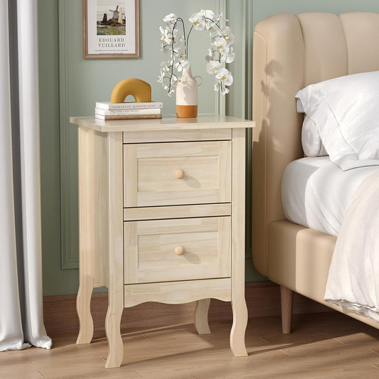 VINGLI Unfinished Solid Wood Nightstand for Color DIY, Small Nightstand for Bedroom, Natural Wood Night Stand with Drawers, Light Wood Night Stand, Real Wooden Bed Side Table/End Table