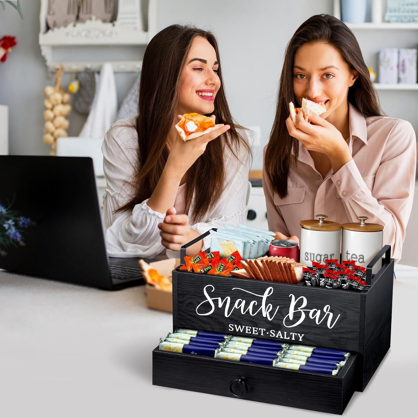 Snack Organizer for Countertop, Wood Snack Basket Snack Tray with Handles, 5 Compartment Pantry Storage Bins with Drawer, Food Container Snack Box for Snacks, Chips, Packets
