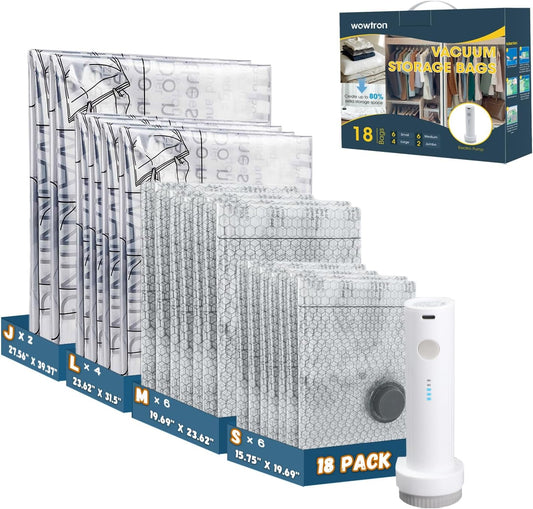 Space Saver Vacuum Storage Bags with Electric Pump, 18 PCS (6S,6M,4L,2J) Space Saver Vacuum Seal Bags for Clothing, Travel, Bedding, Blanket, Pillow, Comforter