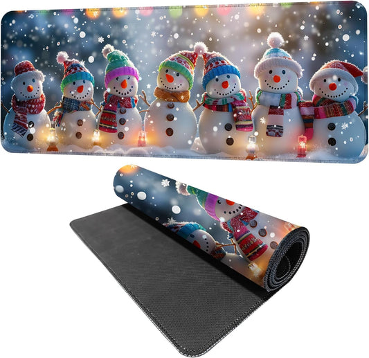 Snowman Christmas Mouse Pad XXL – Large Holiday Desk Mat with Cute Snowmen & Lights, Extended Non-Slip Mousepad for Office, Gift, Winter Decorations,31.5 x 11.8 in