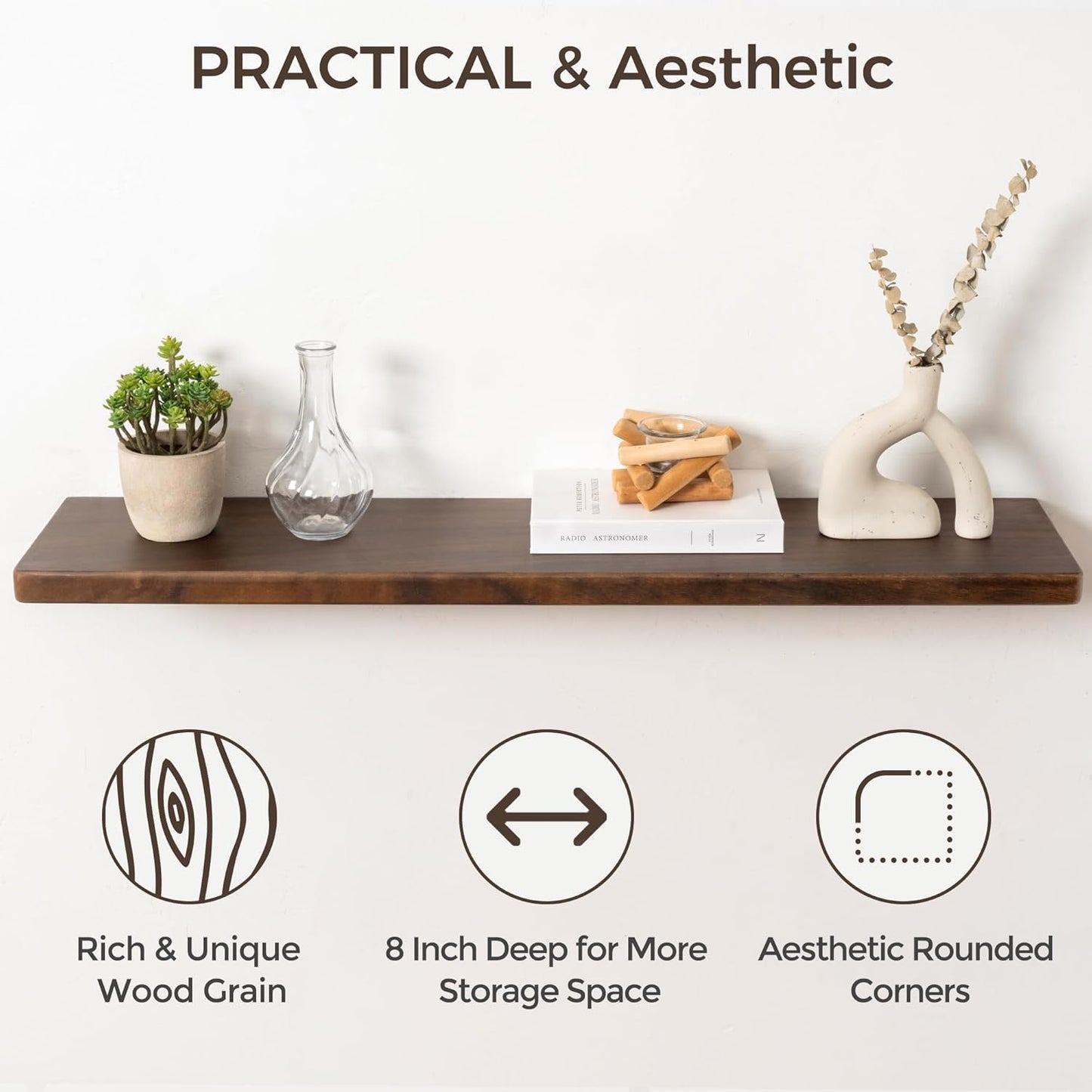 36" Rustic Walnut Wood Floating Shelves, 8 Inch Deep Wall Shelves for Home Decor, Wall Mounted Floating Shelf with Invisible Bracket, Heavy-Duty Storagefor Living Room, Bedroom, Kitchen, Set of 2