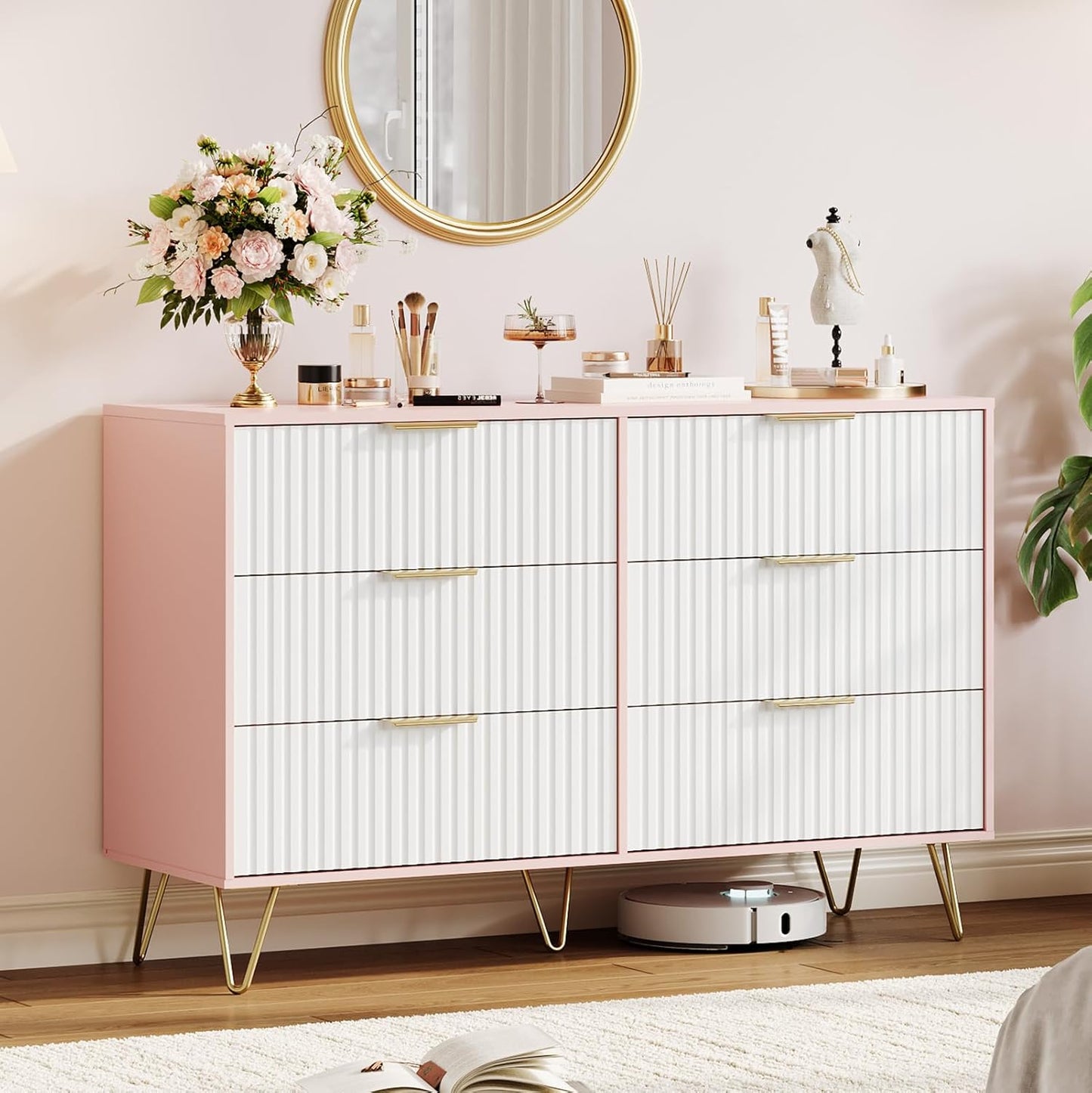 Garvee Fluted Dresser for Bedroom with 6 Drawers,47" Wide Modern Chest of Wooden Bedroom Chest with Metal Handle,Clothes Storage Organizer,Closet Dresser & TV Stand for Living Room,Hallway,6&Pink