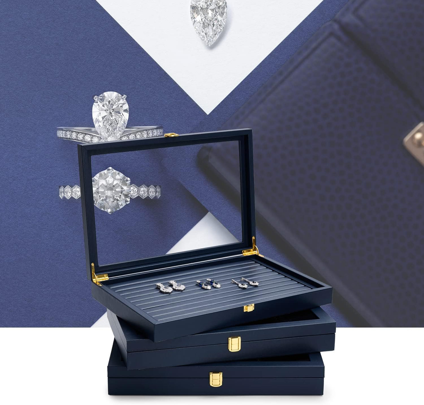 Oirlv Premium Blue Leather 24 Grid Jewelry Tray with Transparent Lid Earrings Rings Organizer Box Stackable Jewelry Box Drawer Inserts Women Gift