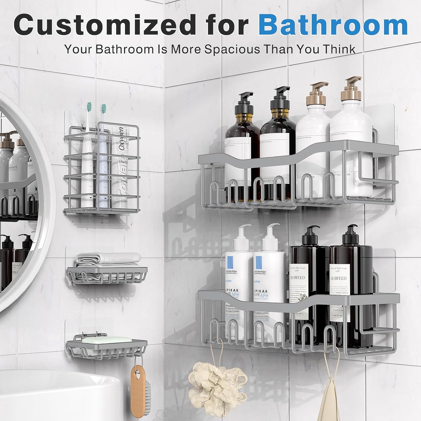 EUDELE 5-Pack Rustproof Stainless Steel Shower Caddy Set– No Drill Adhesive Bathroom Organizer, Space-Saving Shower Shelves for Apartment Essentials, Bathroom/Kitchen Storage Home Decor-L Size