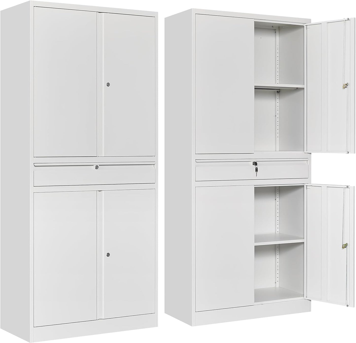 SISESOL White Metal Storage Cabinet with Drawer and Locks,Garage Storage Cabinet with Locking Doors and Adjustable Shelves,71" Tall Large Metal Cabinets with Magnetic Door for Home,Office,Garage