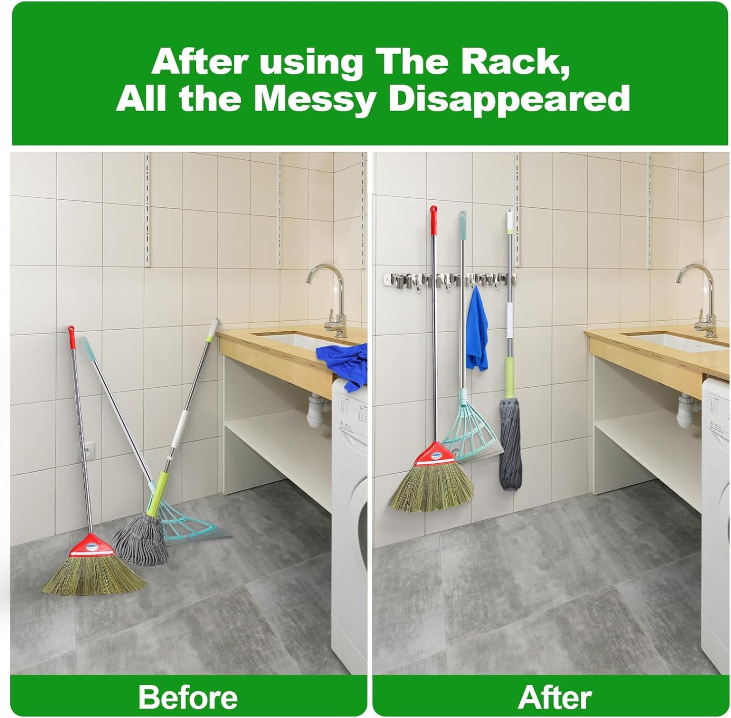 voze 3 Racks and 4 Hooks Mop and Broom Holder Wall Mount, Self Adhesive Heavy Duty Broom Organizer Storage Tool Racks for Kitchen Garden Laundry Garage