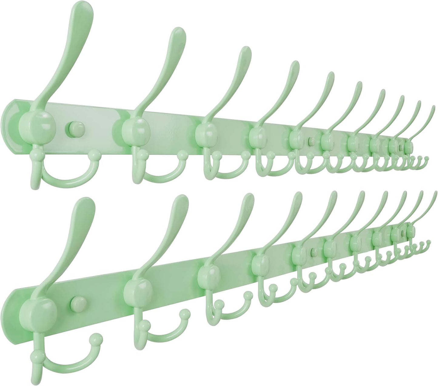 Dseap Coat Rack Wall Mount - 38” Long 10-Tri-Hooks Heavy Duty Coat Hanger Rail Wall Hooks for Hanging Coats Hats Clothing Clothes Purse Mudroom Entryway, Green, Pack of 2