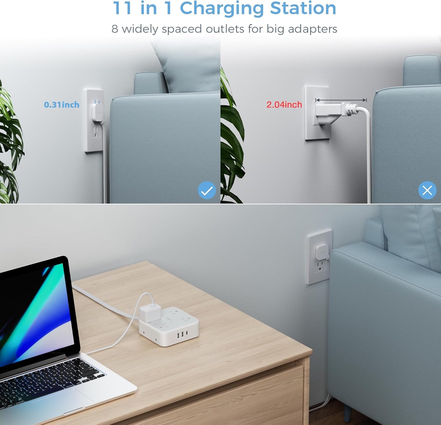 TESSAN Surge Protector Power Strip 15 Ft Cord, 8 Widely Spaced Outlets, 3 USB Charger(1 USB C Port), Ultra Thin Flat Plug Extension Cord 15 Feet, 900J Surge Protection for Home, Dorm Room Essentials
