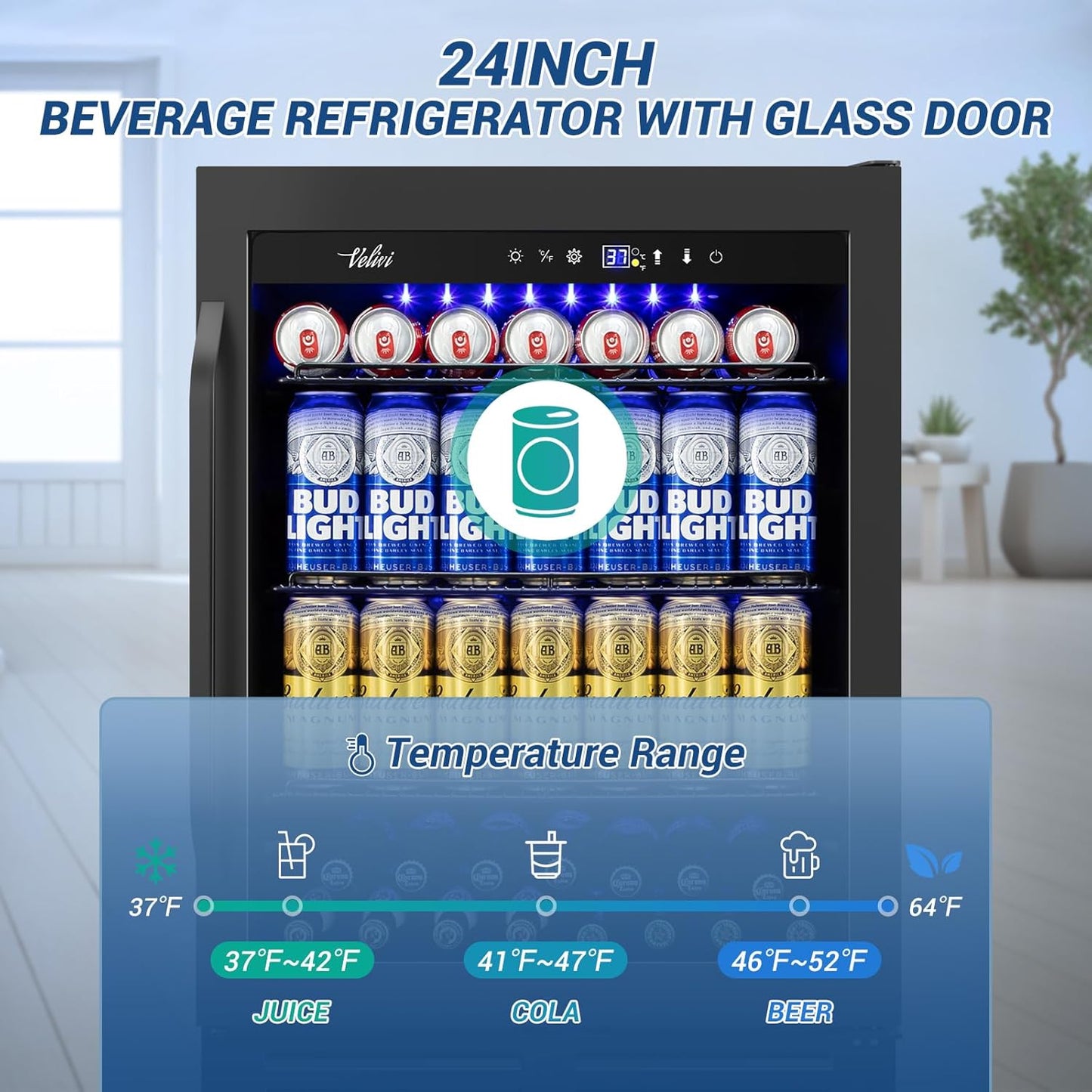 24 Inch Beverage Refrigerator Under Counter, 24" Space Built-In Beer and Drink Fridge with Glass Door for Soda, Water, and Milk - For Kitchen, Bar or Office