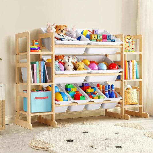 Wooden Toy Storage Organizer for Kids, Multi-Tier Toy Organizer with Bins & Side Montessori Bookshelves, Sturdy Natural Wood Playroom Storage Solution for Toys, Books, Games