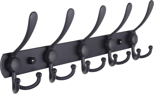 Dseap Coat Rack Wall Mounted - 5 Tri Hooks, Heavy Duty, Stainless Steel, Metal Coat Hook Rail for Coat Hat Towel Purse Robes Mudroom Bathroom Entryway,Black