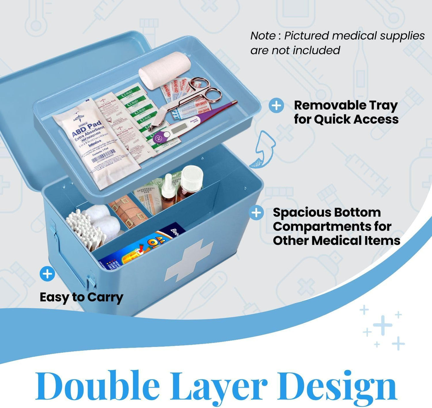 Flexzion First Aid Box Organizer Empty 13" Blue Vintage First Aid Kit Tin Metal Medical Box - First Aid Storage Box Container Bins with Dividers, Removable Tray and White Cross Logo