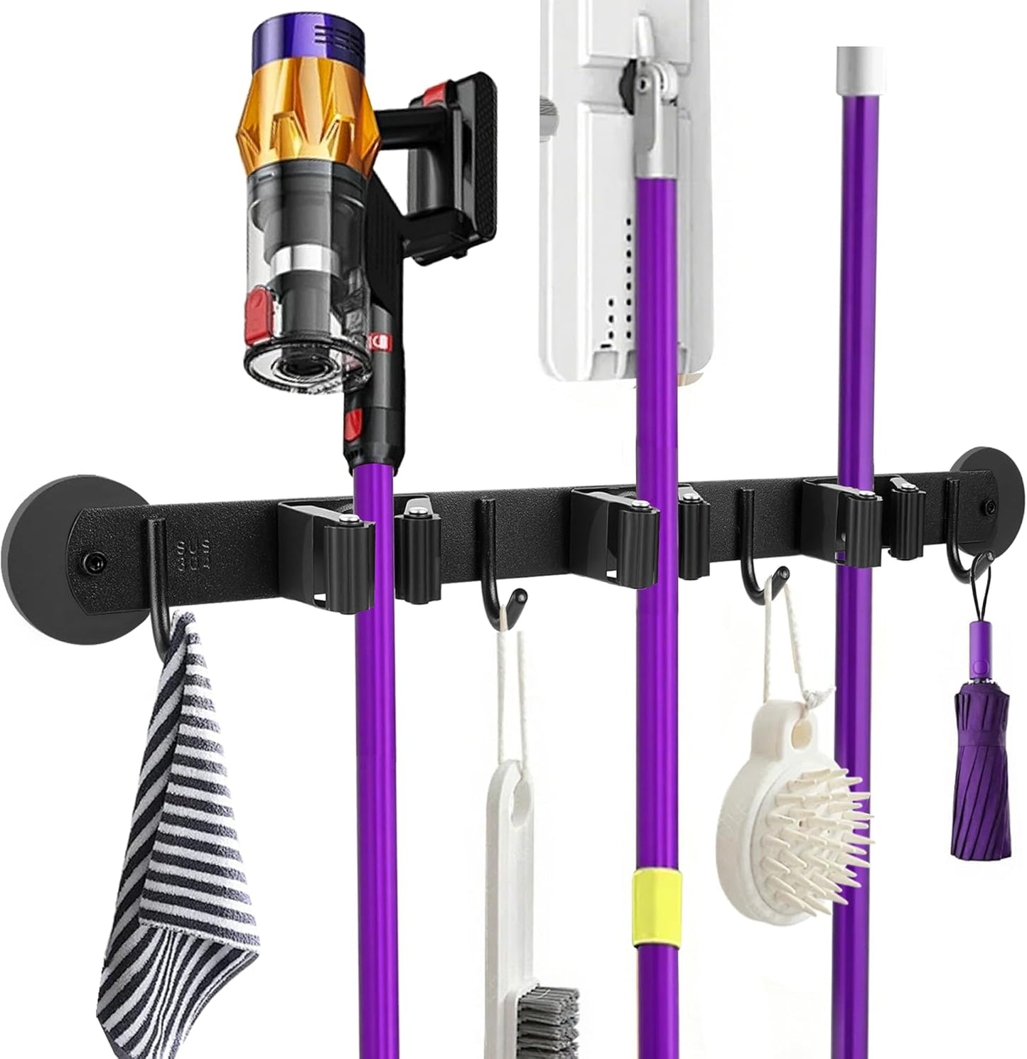 Magnetic Broom Holder Wall Mount - Heavy Duty Non-Slip Mop Hanger with 4 Hooks And 5 Rack, No Drill Tool Organizer for Refrigerator,Garage,Laundry Room (Black, 3Racks 4Hooks)