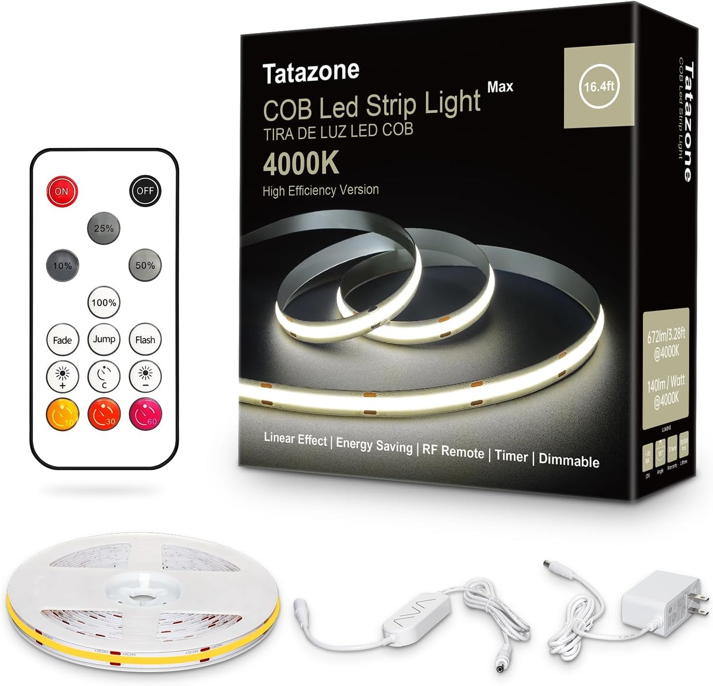 White COB Led Strip Lights Max with RF Remote, 16.4ft 4000K Dimmable Ultra Bright Neutral White COB Light Strip, Indoor COB Led Lights for Mirror, Ceiling, Kitchen, Room, Cabinet, Closet