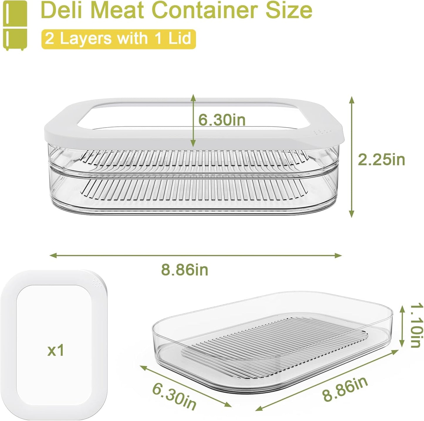 Stackable Deli Meat Container with Drainage Groove and Silicone Lid, Clear Refrigerator Storage Containers for Lunch Meats, Cold Cuts, Bacon, Cheese, BPA Free - 2 Layer
