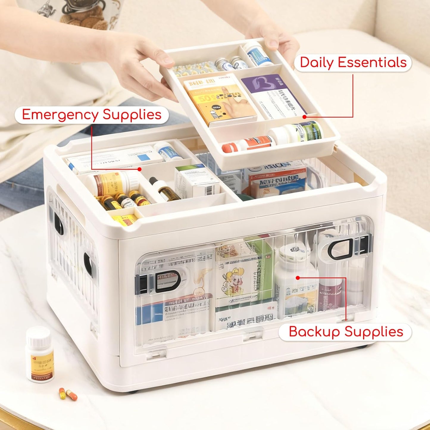Medicine Organizer Box with Clear Window,Large Medicine Storage Container with Wheels for Bathroom Carbinet,First Aid Box Empty,House Essentials
