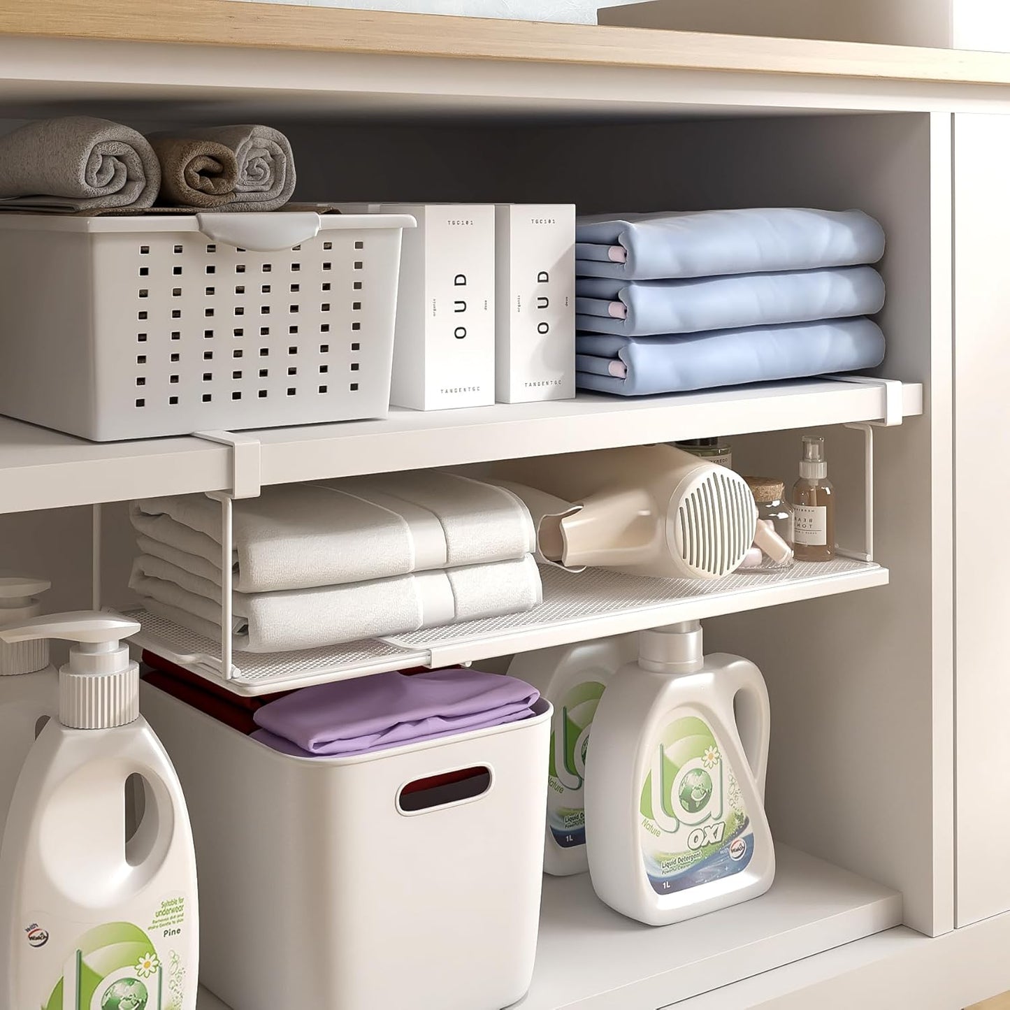 Expandable Under Cabinet Shelf, Extendable Under Shelf Storage with 0.94 Inches Thick Clips for Pantry Cabinet, Laundry Room, Shoe Rack. (White, 2 Pack, Interior: 3.66" H x 8.26" D)