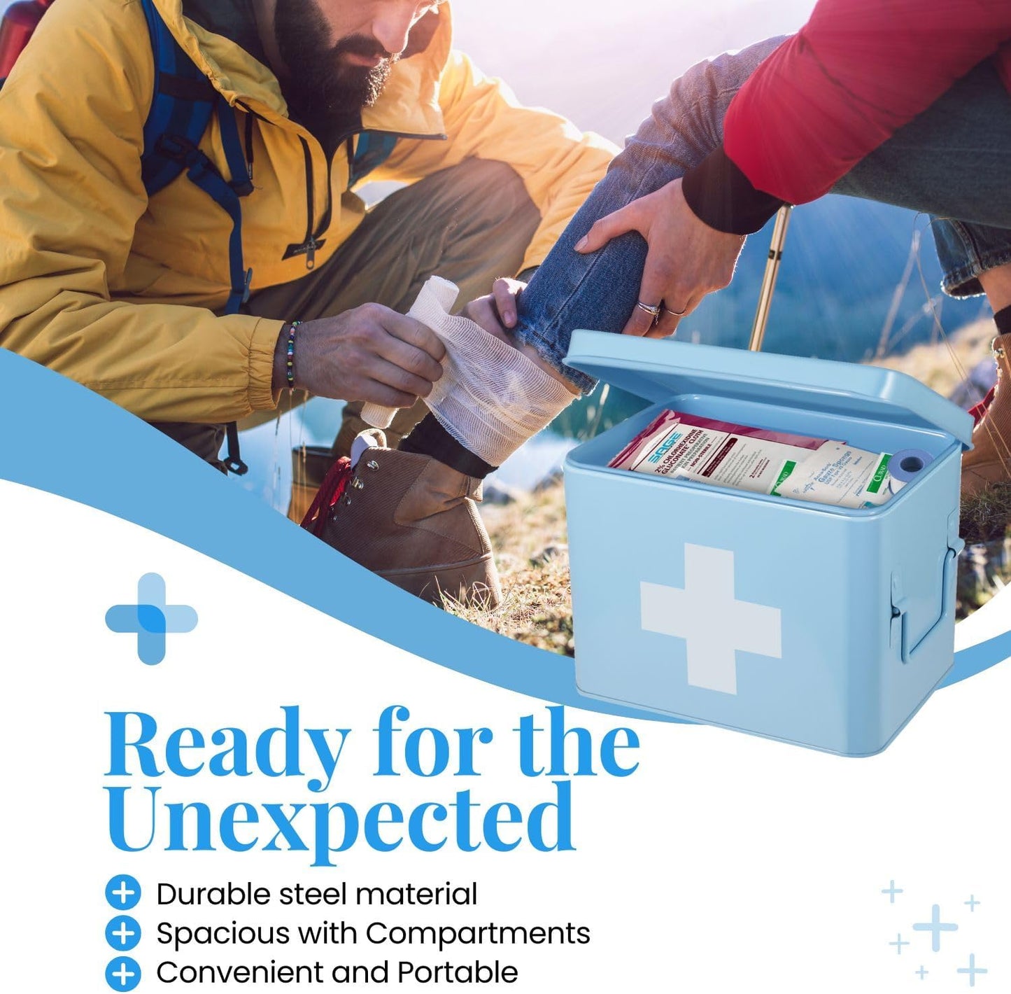 Flexzion First Aid Organizer, 8.5 Inch Blue Vintage Metal Kit Tin With Dividers, Removable Tray and Cross Logo - Empty Medical Storage Container