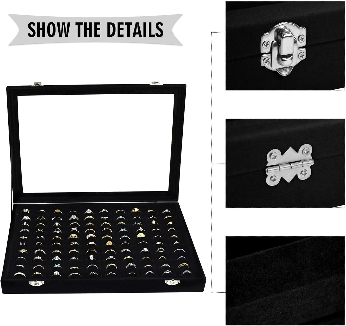 Velvet Ring Display Tray Organizer Box with Transparent Lid, 100 Slot Ring Holder Showcase For Store Display Jewelry Show Home, Ring Organizer For Rings Earrings (Black)