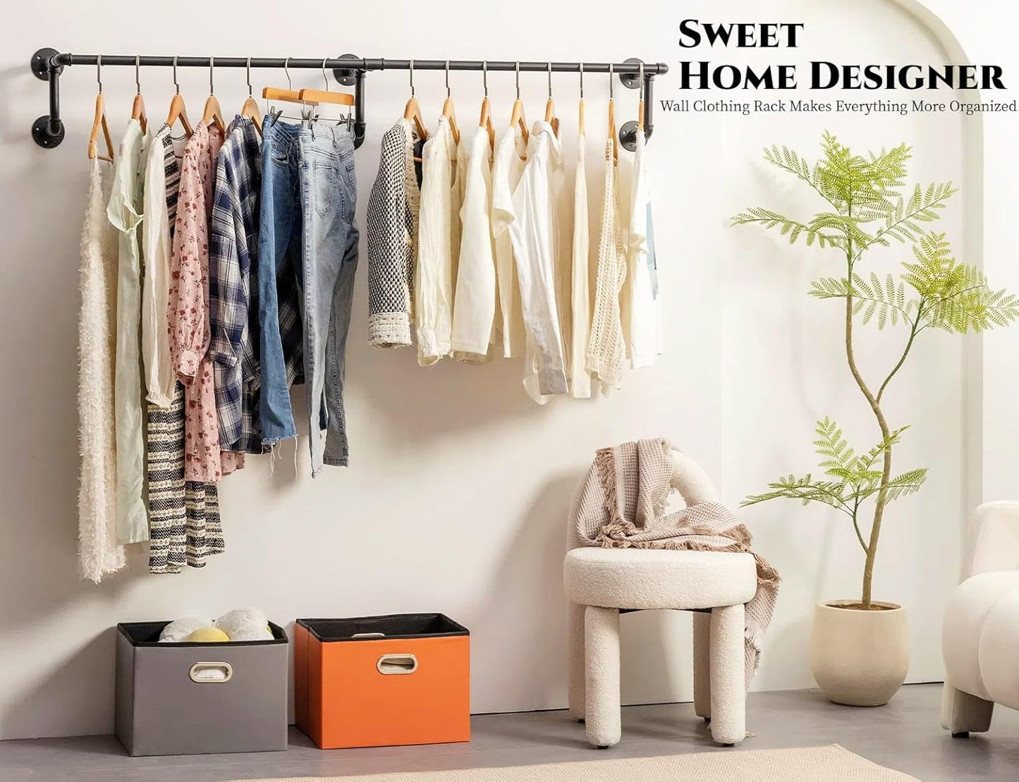 Wall Clothes Rack, Industrial Pipe Clothing Rack for Hanging Clothes, Wall Mounted Heavy Duty Space Saving Garment Racks, Multi-Purpose Clothing Hanging Rods for Closet Storage, Black