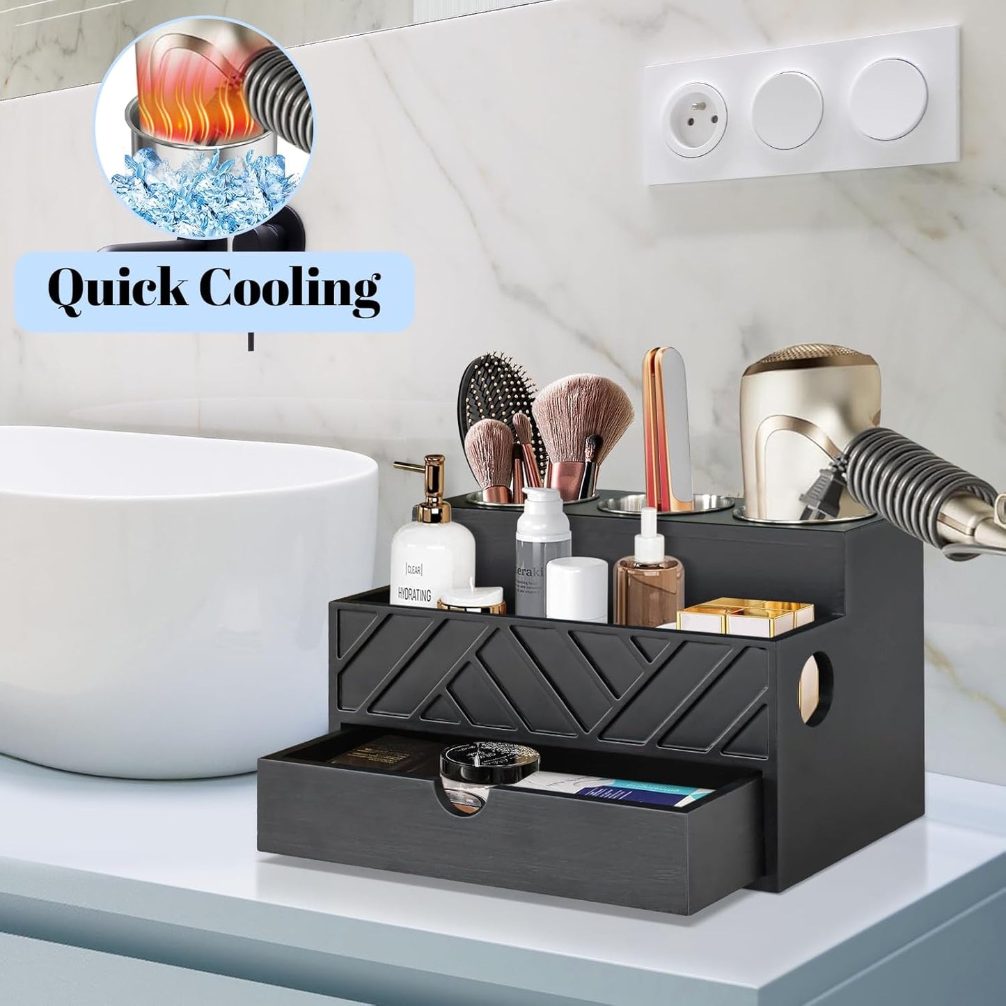 Hair Tool Organizer, Hair Dryer Holder with Drawer, Bathroom Countertop Organizer for Bathroom Accessories, Blow Dryer Organizer for Hair Styling Tools, Vanity Organizer for Bathroom, Vanity, Kitchen