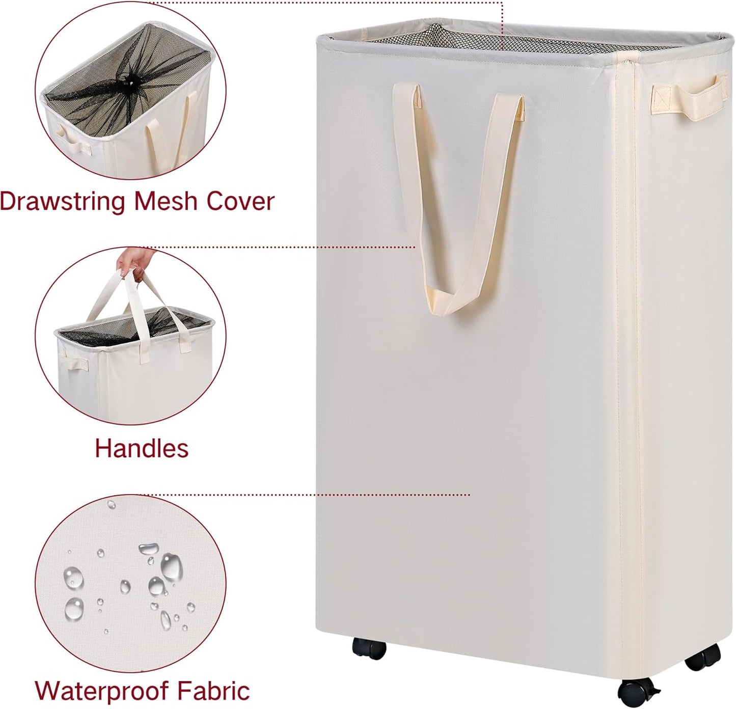Slim Laundry Hamper with Wheels, Rolling Laundry Basket for Clothes, Small Laundry Basket for Bedroom, Dorm and Laundry Room, 75L (19.8 Gallons) Beige