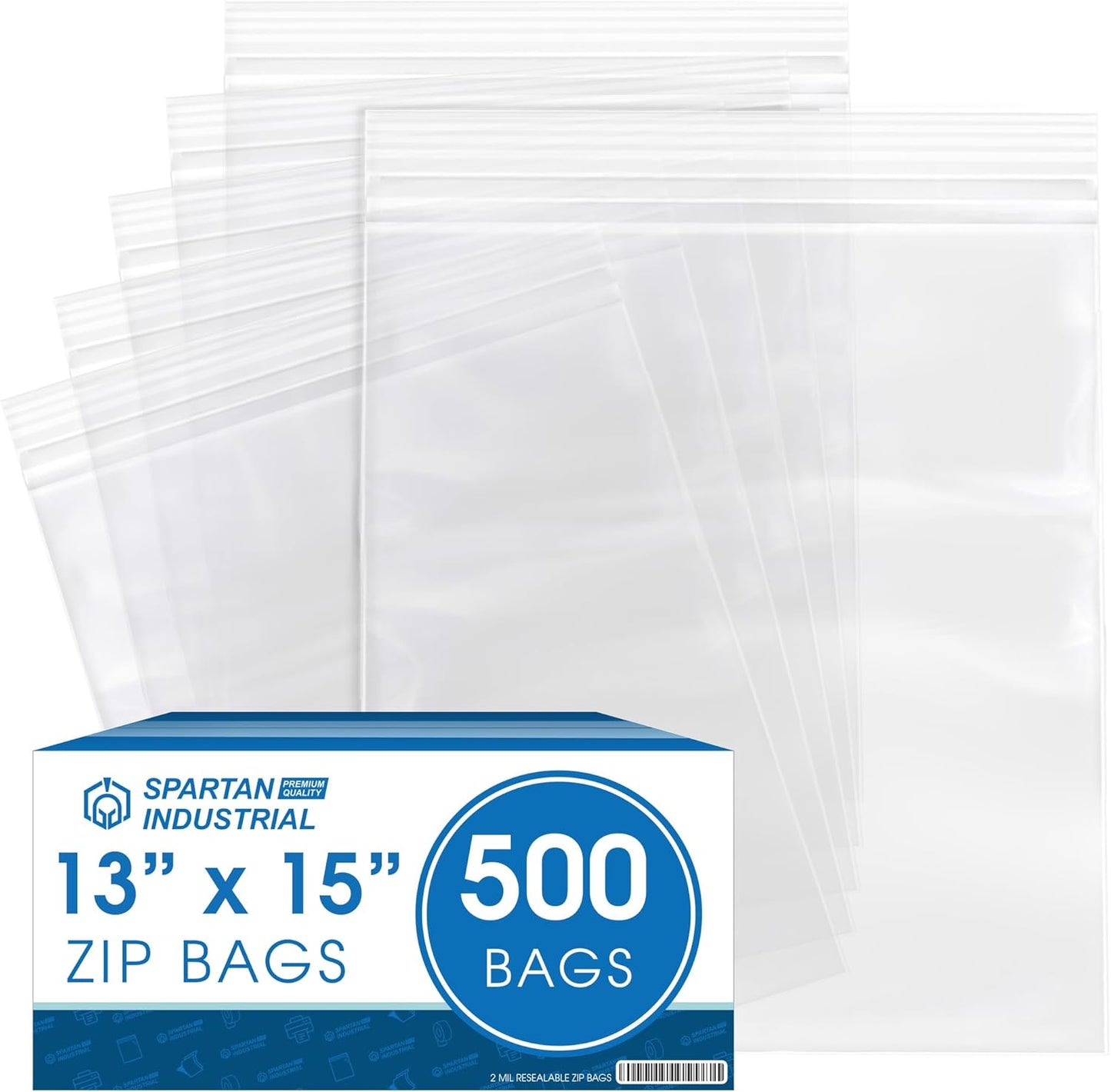 Spartan Industrial - 13” X 15” (500 Count) 2 Mil Clear Reclosable Zip Plastic Poly Bags with Resealable Lock Seal Zipper