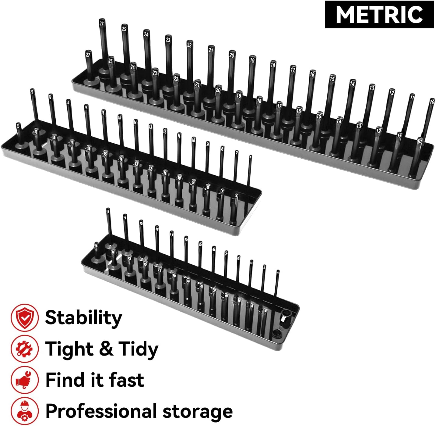 3PCS Socket Organizer Tray Set, Metric Socket Storage Trays, 1/4-Inch, 3/8-Inch & 1/2-Inch Drive Deep and Shallow Socket Holders for Toolboxes