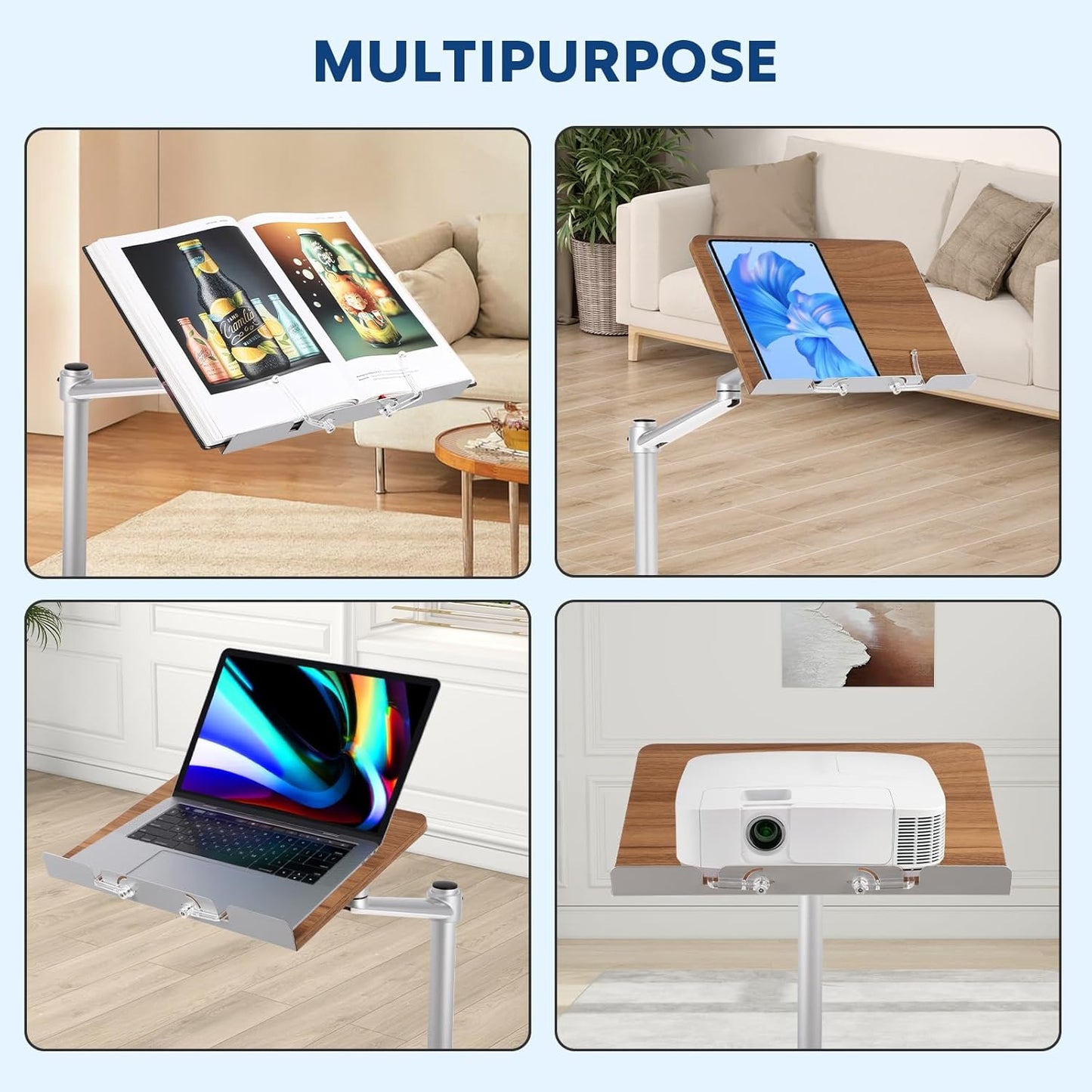 FAHKNS Book Stand for Reading，Multifunctional Book Stand for Reading with Wooden Platform & Elastic Book Clip，Suitable for Holding Books，Laptops，Tablets，Mobile Phones，Projectors