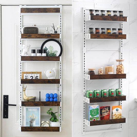 Over-The-Door Organizer – 6-Tier Wooden Pantry Storage Shelf with 12 Hooks, Wall-Mount or Hanging Spice Rack for Kitchen, Bathroom, or Closet