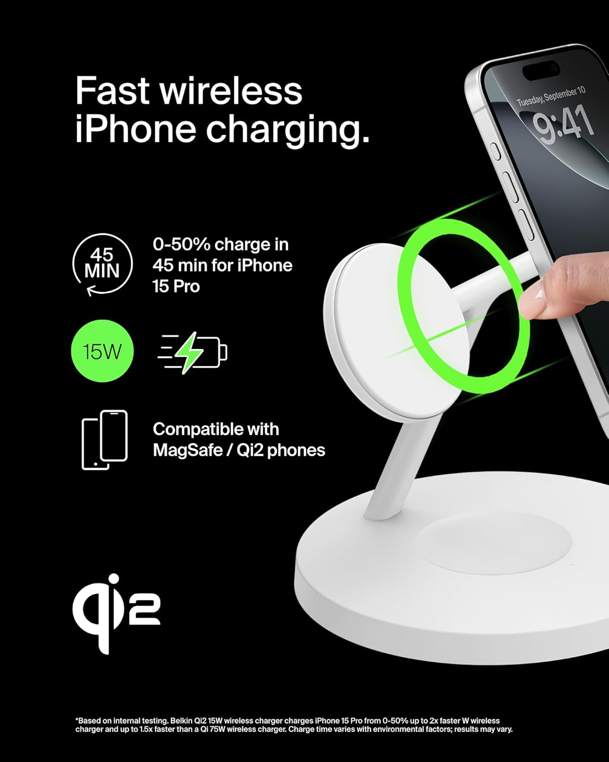 Belkin MagSafe-Compatible Charger, 3-in-1 Wireless Charging Station, Qi2-Certified 15W Wireless Charge for Apple iPhone 17 Series, Apple Watch, AirPods w/Non-Slip Base, 40W Included - Black