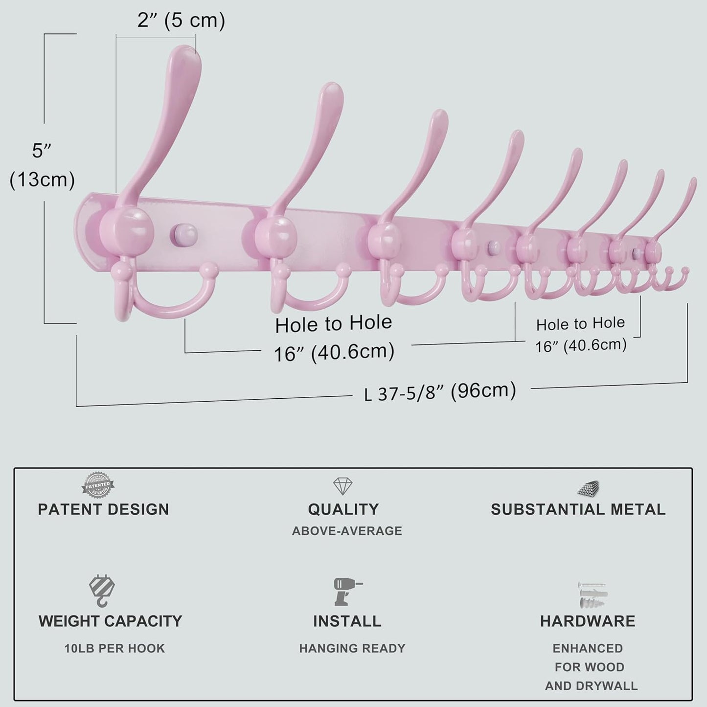 Dseap Coat Rack Wall Mount - 38” Long 10-Tri-Hooks Heavy Duty Coat Hanger Rail Wall Hooks for Hanging Coats Hats Clothing Clothes Purse Mudroom Entryway, Pink, Pack of 2