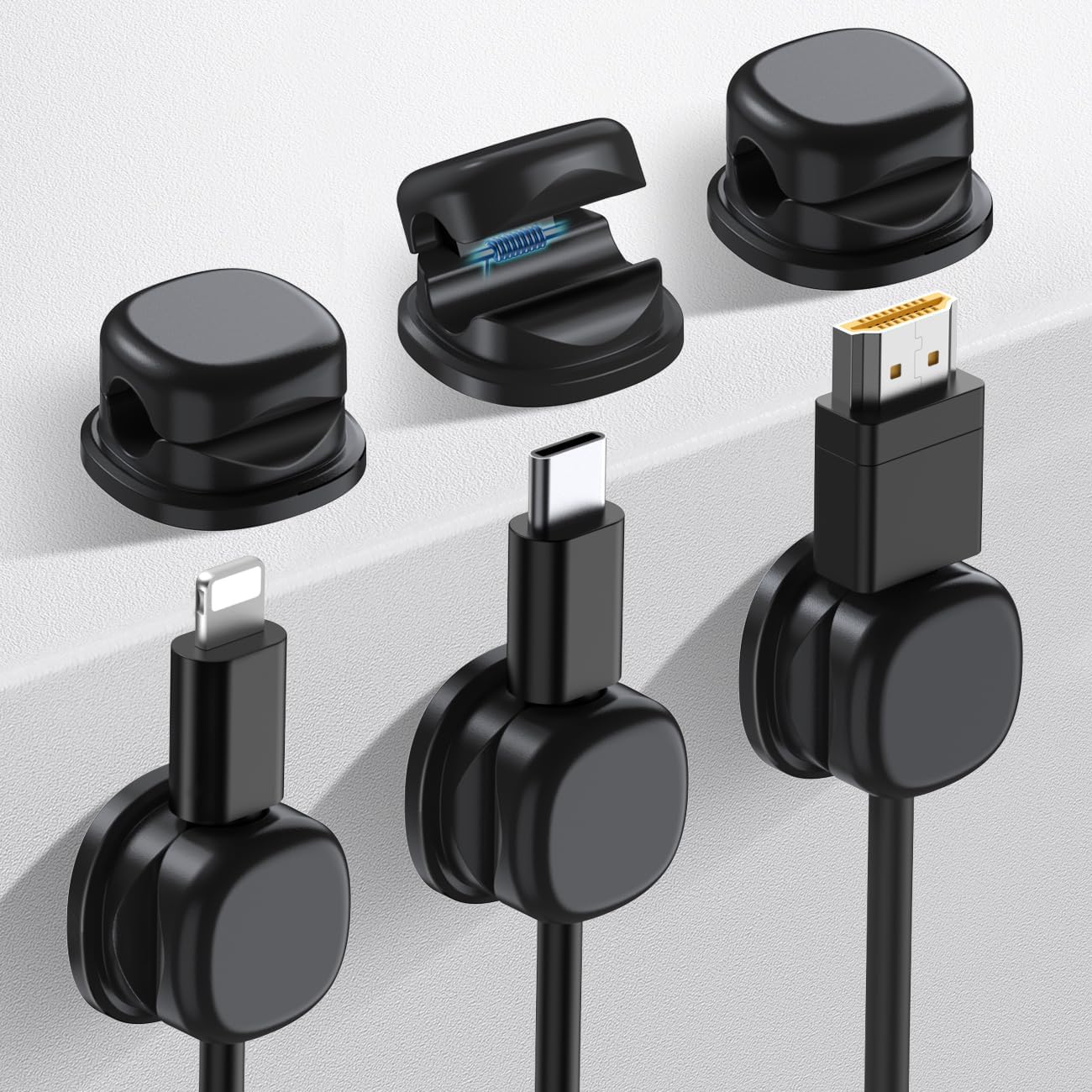 AhaStyle Spring Cable Organizer [1s Lock] 6 Pack Cord Cable Holders Clips Strong Adhesive Cable Cord Keeper [Smooth Adjustable] Hide Wire Cord Organizer for Nightstand Kitchen Car Office (Black)
