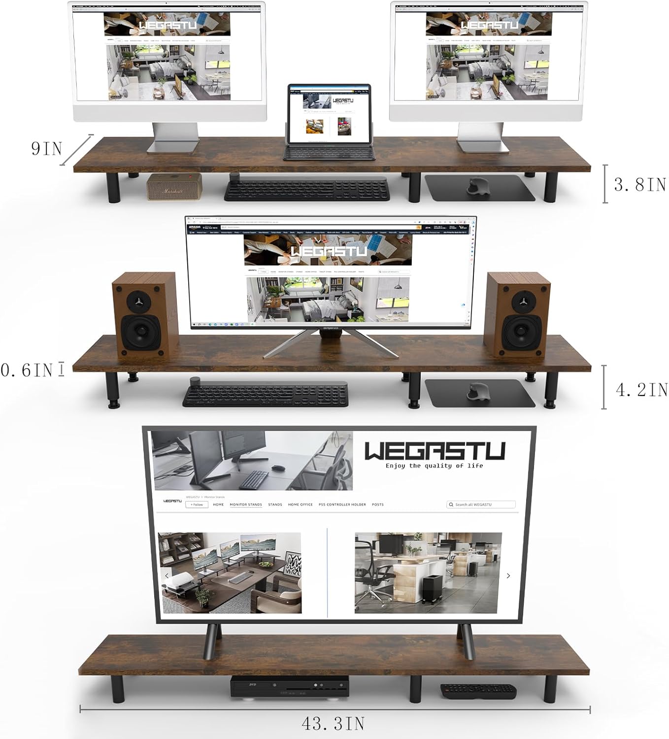 Large Dual Monitor Stand Riser 43.3IN，Vintage Home Office Storage For Desk Accessories，Solid Wod Desk With Adjustable Legs For computer/PC/Laptop/Printer/Container/dressing table