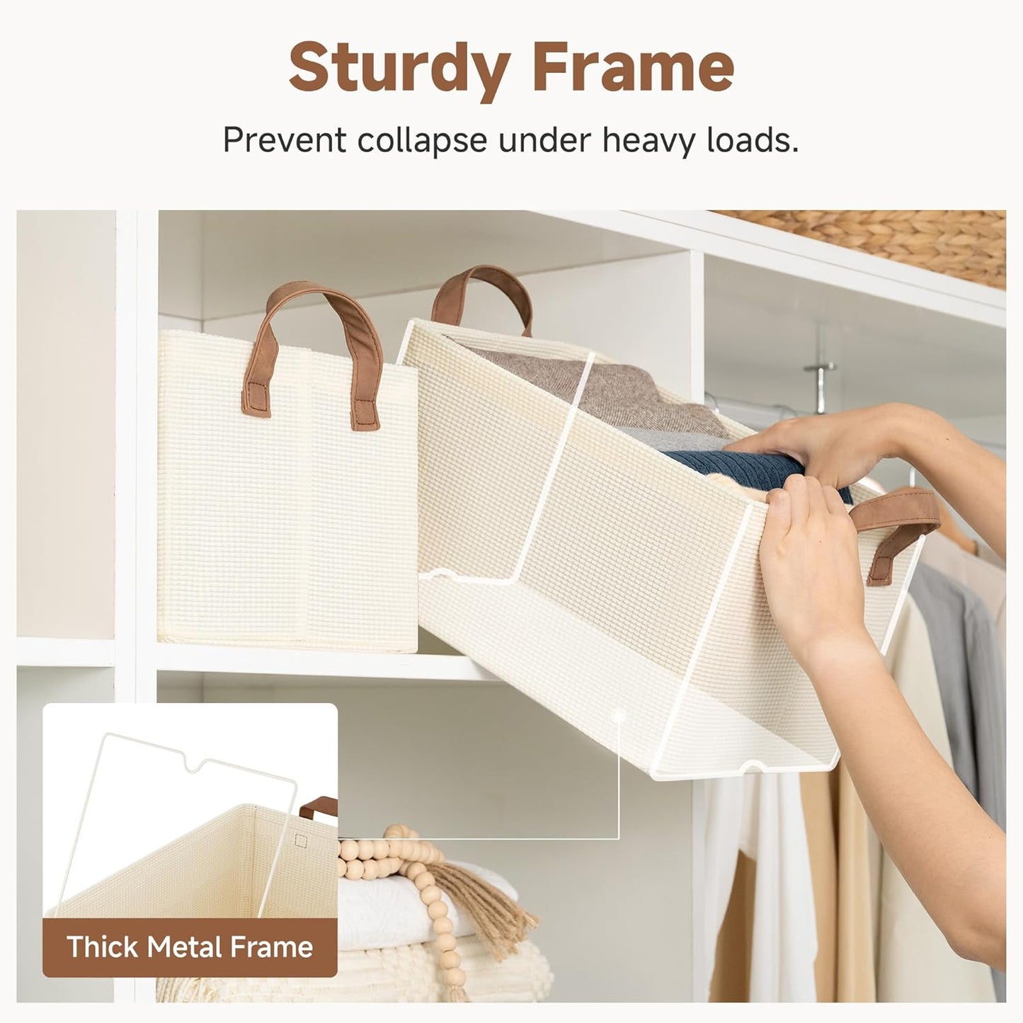 StorageWorks Storage Bins, Shelves Baskets for Organizing, Fabric Closet Organizers with Handles, Metal Frame, Beige（Texture）, 2-Pack
