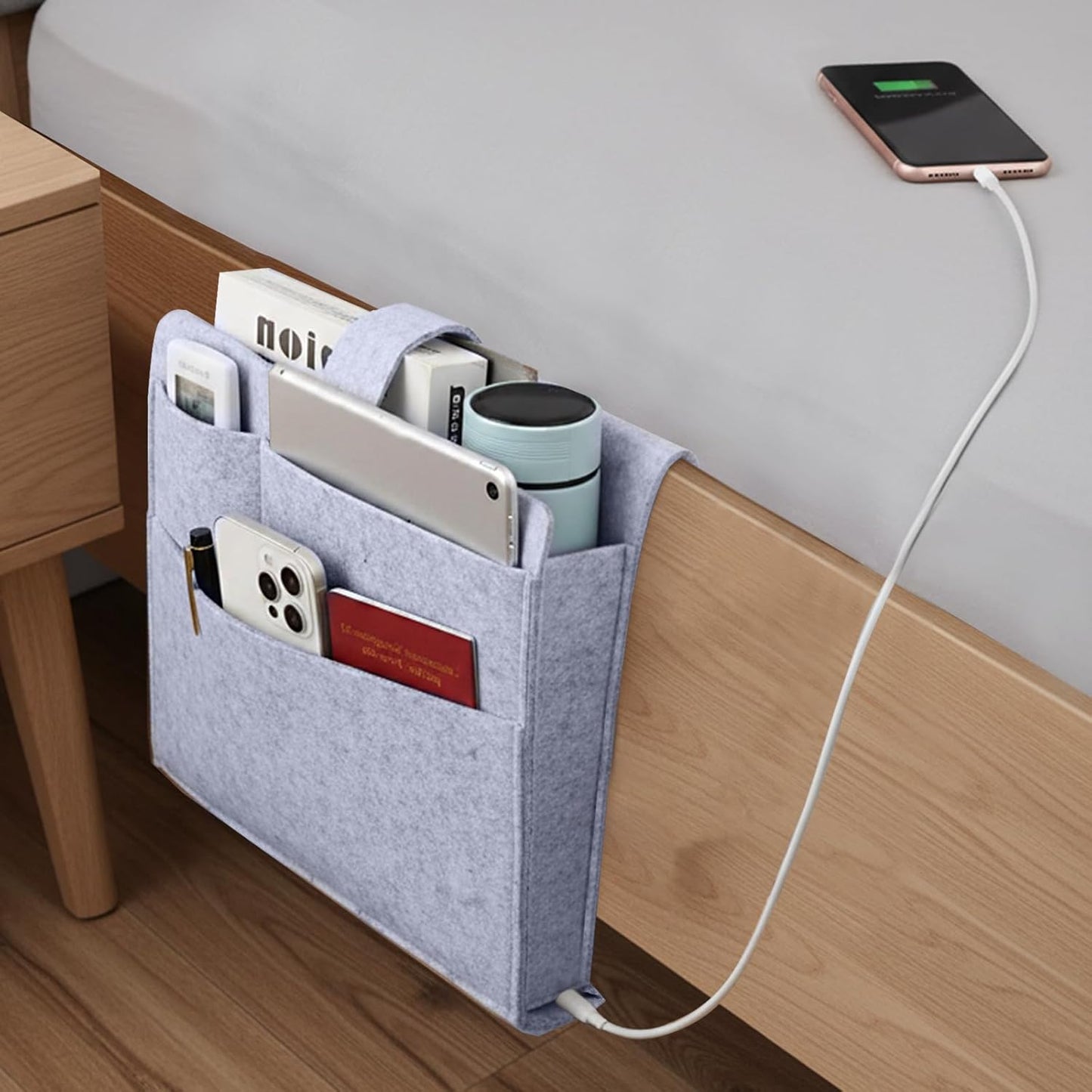 Seefoo Bed Caddy Organizer, Bunk Bed Shelf Caddy with 4 Pockets, Easy Storage as Books, Remotes, Magazine Holder, Sturdy Bedside Organizer for Bed, Bunk, Dorm, Sofa Grey