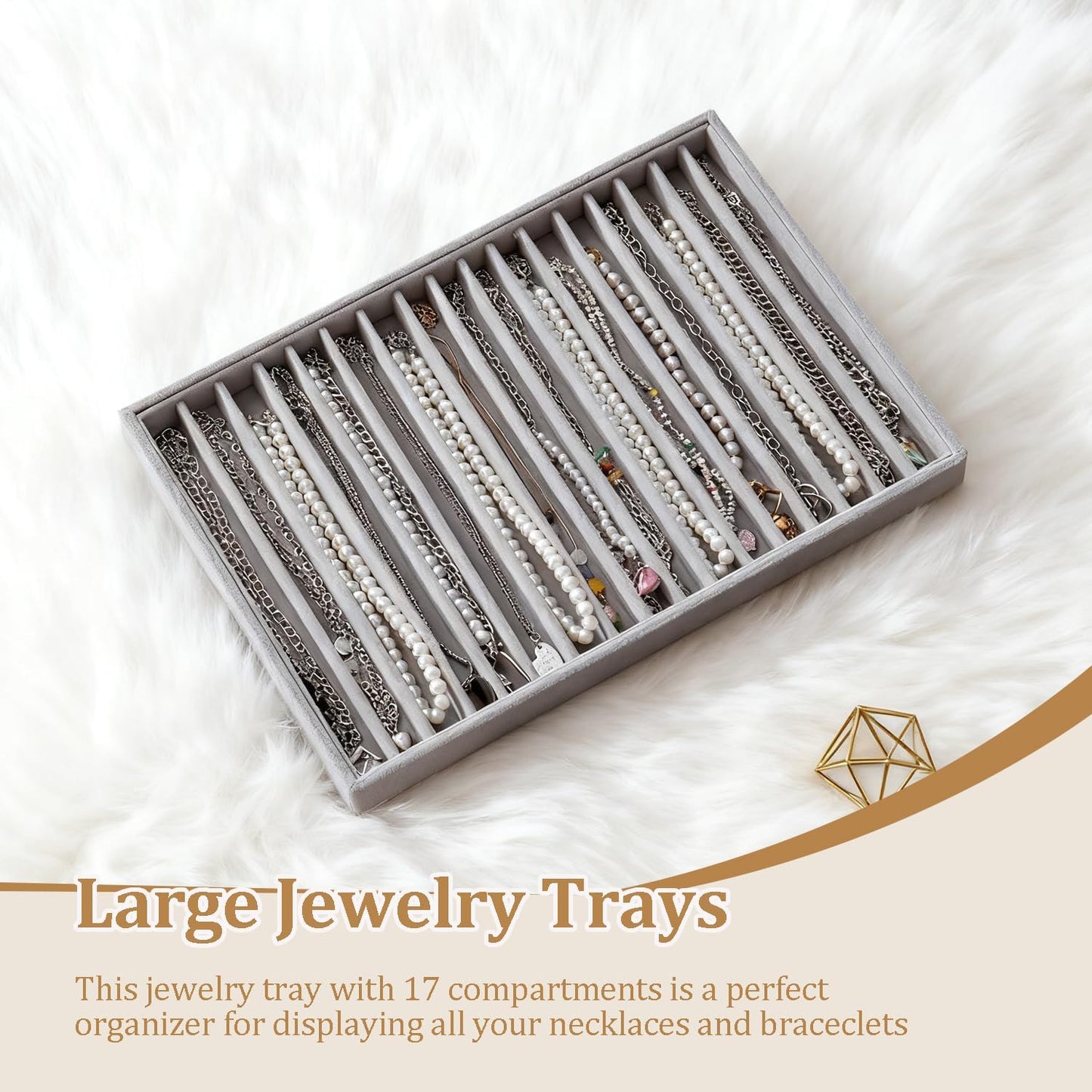 Large Jewelry Organizer for Drawer Insert Velvet Stackable Jewelry Trays for Earring Necklace Bracelet Ring Display (Gray, 16 Grids)